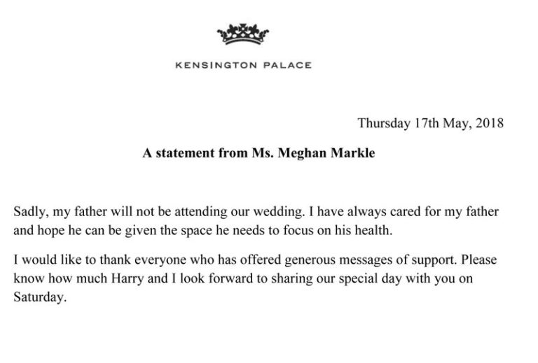 Meghan Markle says father won’t attend wedding due to health