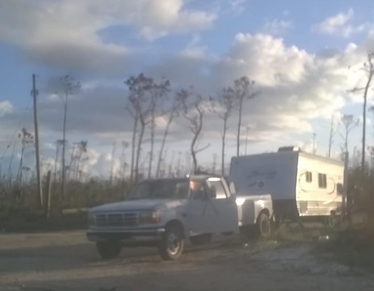 RV checkpoint set up outside Abaco shantytown