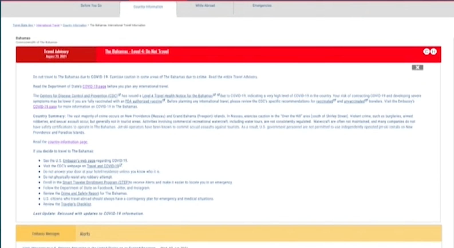 U.S. ISSUES BAHAMAS TRAVEL ADVISORY